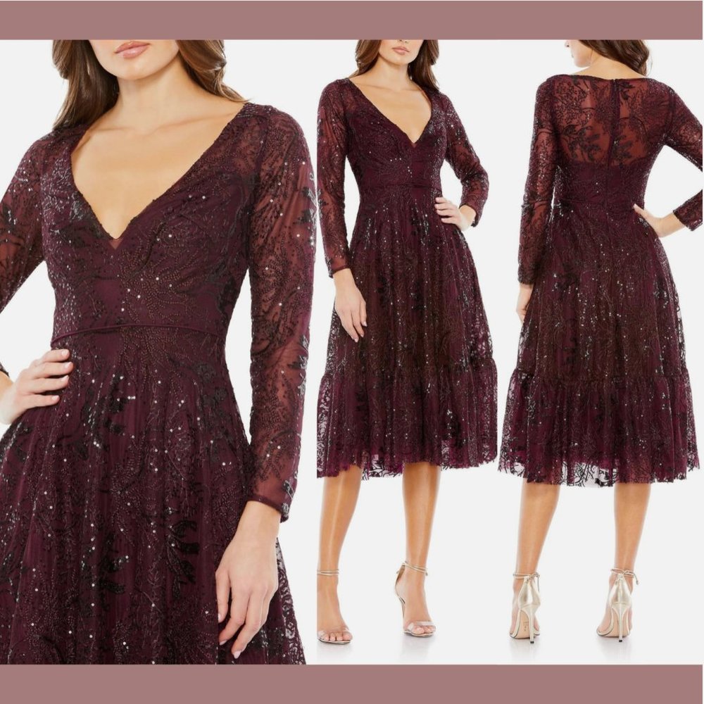 NWT $498 Mac Duggal [‎ 16 ] Lace Embellished Long Sleeve Ruffle Dress Wine Red